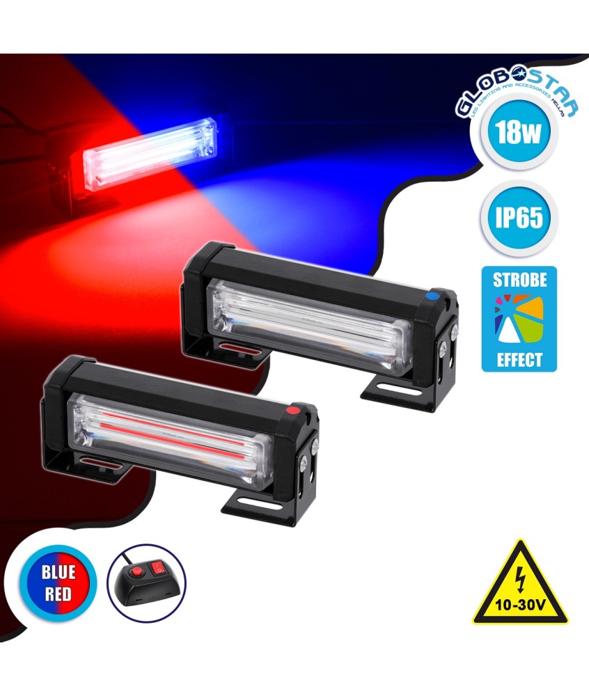 GloboStar® 85029 PRO Series ΣΕΤ 2 x Μπάρες Σήμανσης Οχήματος Αστυνομίας για Αυτοκίνητα & Φορτηγά 13 Προγραμμάτων Φωτισμού LED CREE CXB COB 18W DC 10-30V Αδιάβροχο IP65 Κόκκινο & Μπλε